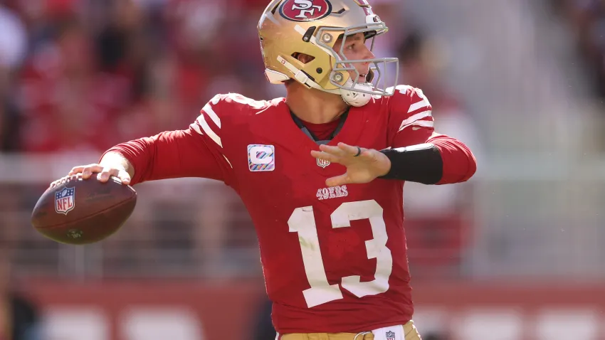 SANTA CLARA, CALIFORNIA – SEPTEMBER 29: Brock Purdy #13 of the San Francisco 49ers throws a pass in the third quarter against the New England Patriots at Levi’s Stadium on September 29, 2024 in Santa Clara, California. (Photo by Ezra Shaw/Getty Images)