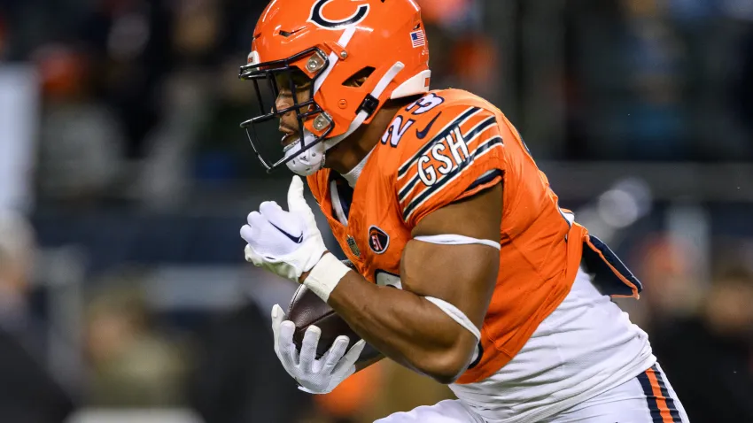 Nov 9, 2023; Chicago, Illinois, USA; Chicago Bears running back Roschon Johnson (23) warms up before a game against the Carolina Panthers at Soldier Field. Mandatory Credit: Daniel Bartel-USA TODAY Sports