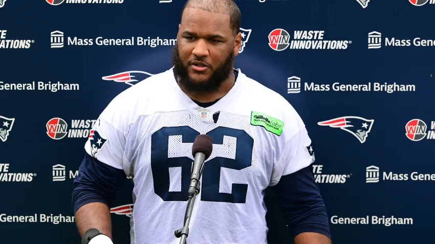 Jun 12, 2024; Foxborough, MA, USA;  New England Patriots guard Sidy Sow (62) speaks to the media during press availability at minicamp at Gillette Stadium.  Mandatory Credit: Eric Canha-USA TODAY Sports