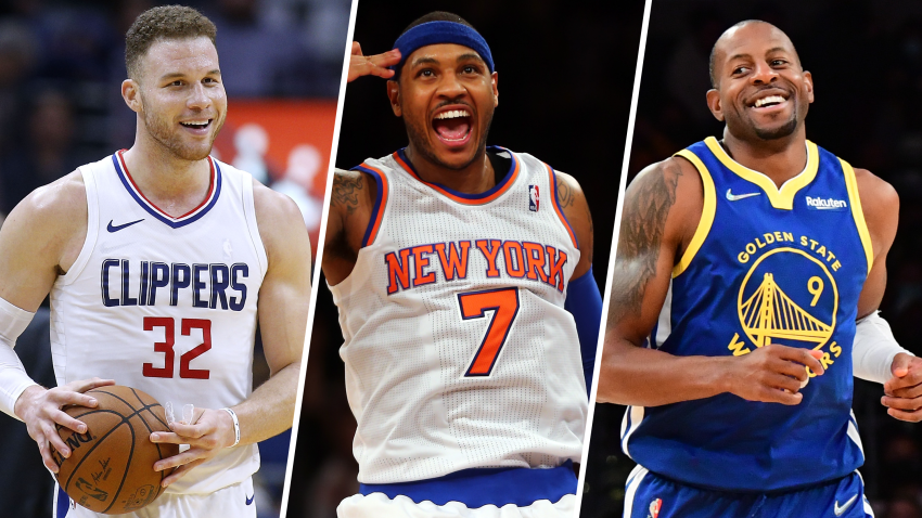 Split image of Blake Griffin, Carmelo Anthony and Andre Iguodala