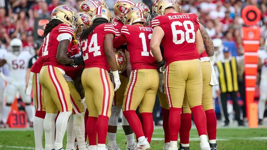 GLENDALE, ARIZONA – DECEMBER 17: Quarterback Brock Purdy #13 of the San Francisco 49ers leads an offensive team huddle in action during a game between the San Francisco 49ers and the Arizona Cardinals at State Farm Stadium on December 17, 2023 in Glendale, Arizona. (Photo by Robin Alam/ISI Photos/Getty Images)