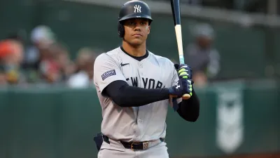 OAKLAND, CA – SEPTEMBER 21:  Juan Soto #22 of the New York Yankees looks on during the game against the Oakland Athletics at the Oakland Coliseum on September 21, 2024 in Oakland California. The Yankees defeated the Athletics 10-0. (Photo by Rob Leiter/MLB Photos via Getty Images)