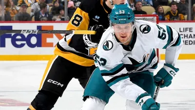 PITTSBURGH, PA – NOVEMBER 16:  Ty Dellandrea #53 of the San Jose Sharks handles the puck against the Pittsburgh Penguins at PPG PAINTS Arena on November 16, 2024 in Pittsburgh, Pennsylvania. (Photo by Joe Sargent/NHLI via Getty Images)