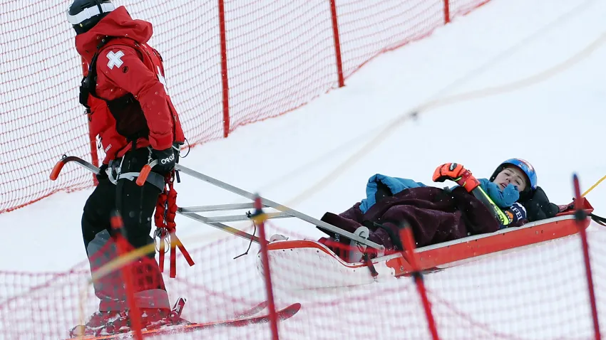 KILLINGTON, VERMONT – NOVEMBER 30: Mikaela Shiffrin of the United States is taken off the course by ski patrol after a crash during the second run of the Women’s Giant Slalom during the STIFEL Killington FIS World Cup race at Killington Resort on November 30, 2024 in Killington, Vermont. (Photo by Sarah Stier/Getty Images)