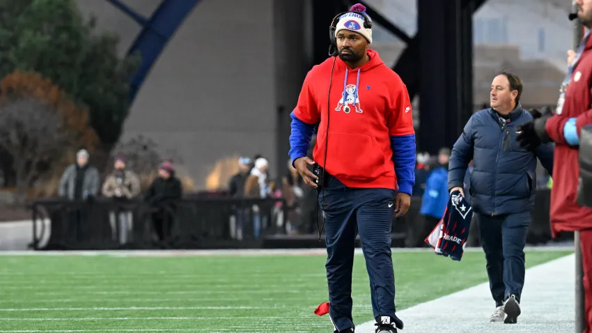 Dec 1, 2024; Foxborough, Massachusetts, USA; New England Patriots head coach Jerod Mayo watches game action from the sideline during the second half against the Indianapolis Colts at Gillette Stadium. Mandatory Credit: Eric Canha-Imagn Images