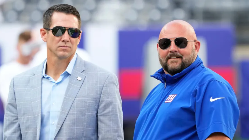 New York Giants head coach Brian Daboll (right) and general manager Joe Schoen (left) talk