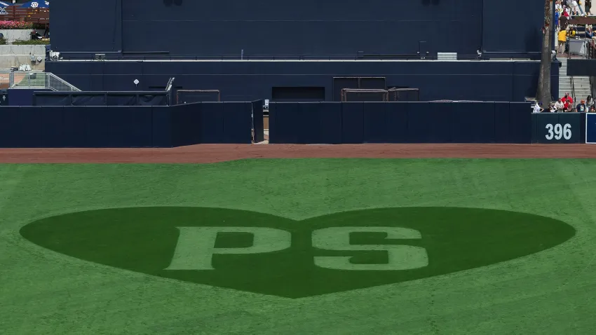 SAN DIEGO, CALIFORNIA – MARCH 28: A heart shaped pattern is seen on the field in memory of former San Diego Padres owner Peter Seidler prior to an Opening Day game against the San Francisco Giants at PETCO Park on March 28, 2024 in San Diego, California. (Photo by Brandon Sloter/Getty Images)