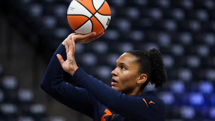 Oct 8, 2024; Minneapolis, Minnesota, USA; Connecticut Sun forward Alyssa Thomas (25) warms up before game five of the 2024 WNBA playoffs against the Minnesota Lynx at Target Center. Mandatory Credit: Matt Krohn-Imagn Images