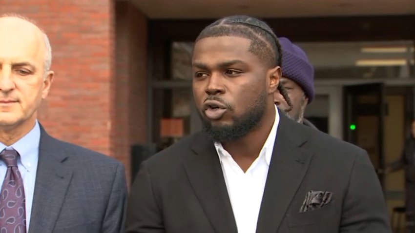 New England Patriots safety Jabrill Peppers speaking outside of court on Friday, Jan. 24, 2025, after a jury found him not guilty of charges brought in a domestic violence case.