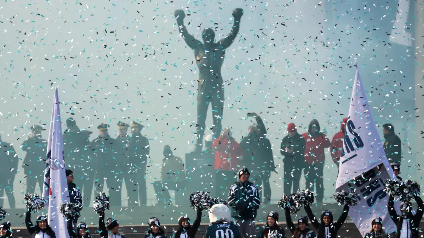 PHILADELPHIA, PENNSYLVANIA – FEBRUARY 14: The Rocky Statue is seen during the Philadelphia Eagles Super Bowl Championship Parade on February 14, 2025 in Philadelphia, Pennsylvania. (Photo by Emilee Chinn/Getty Images)