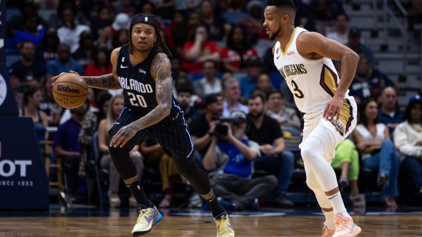 Feb 27, 2023; New Orleans, Louisiana, USA;  Orlando Magic guard Markelle Fultz (20) brings the ball up court against New Orleans Pelicans guard CJ McCollum (3) during the first half at Smoothie King Center. Mandatory Credit: Stephen Lew-USA TODAY Sports