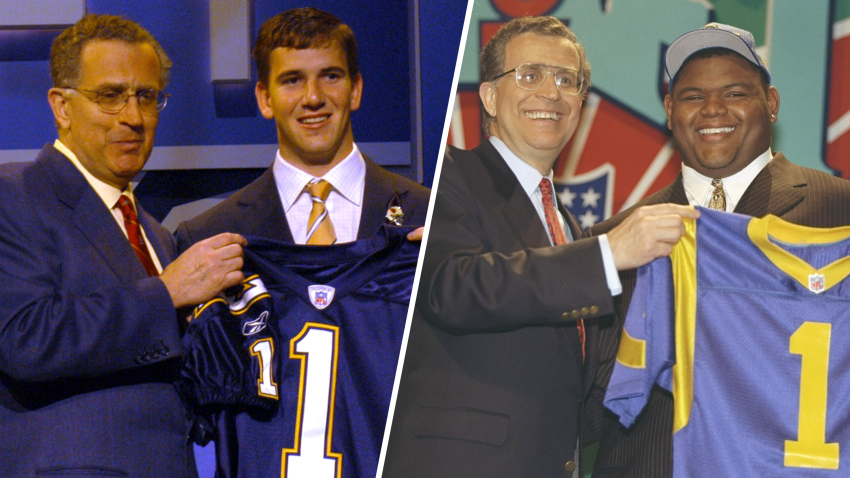 Split image of Eli Manning and Orlando Pace at the NFL draft