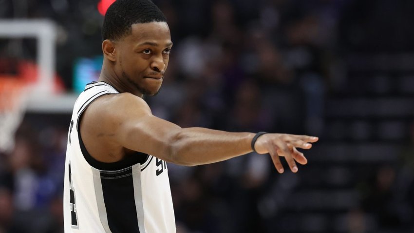 SACRAMENTO, CALIFORNIA – MARCH 07: De’Aaron Fox #4 of the San Antonio Spurs points back towards the Sacramento Kings’ bench before his first game back in Sacramento after being traded from the Sacramento Kings at Golden 1 Center on March 07, 2025 in Sacramento, California. NOTE TO USER: User expressly acknowledges and agrees that, by downloading and/or using this photograph, user is consenting to the terms and conditions of the Getty Images License Agreement.   (Photo by Ezra Shaw/Getty Images)