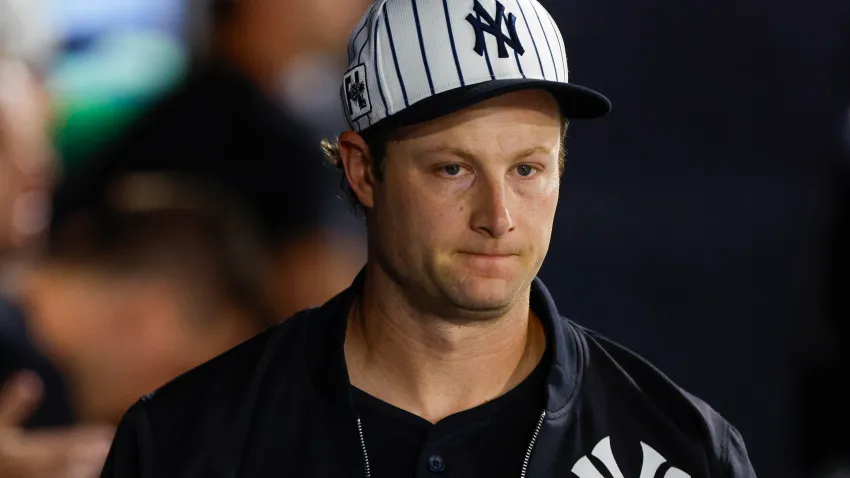 TAMPA, FLORIDA – FEBRUARY 28: Gerrit Cole #45 of the New York Yankees walks through the dugout in the first inning during a spring training game against the Toronto Blue Jays at George M. Steinbrenner Field on February 28, 2025 in Tampa, Florida.