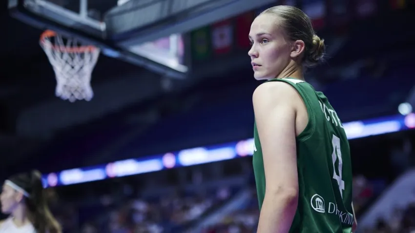 MADRID, SPAIN – JULY 21: #04 Juste Jocyte of Lithuania during Round 16 match of U19 Women’s Basketball World Cup between Lithuania and Spain at Wizink Center on July 21, 2023 in Madrid, Spain. (Photo by Borja B. Hojas/Getty Images)