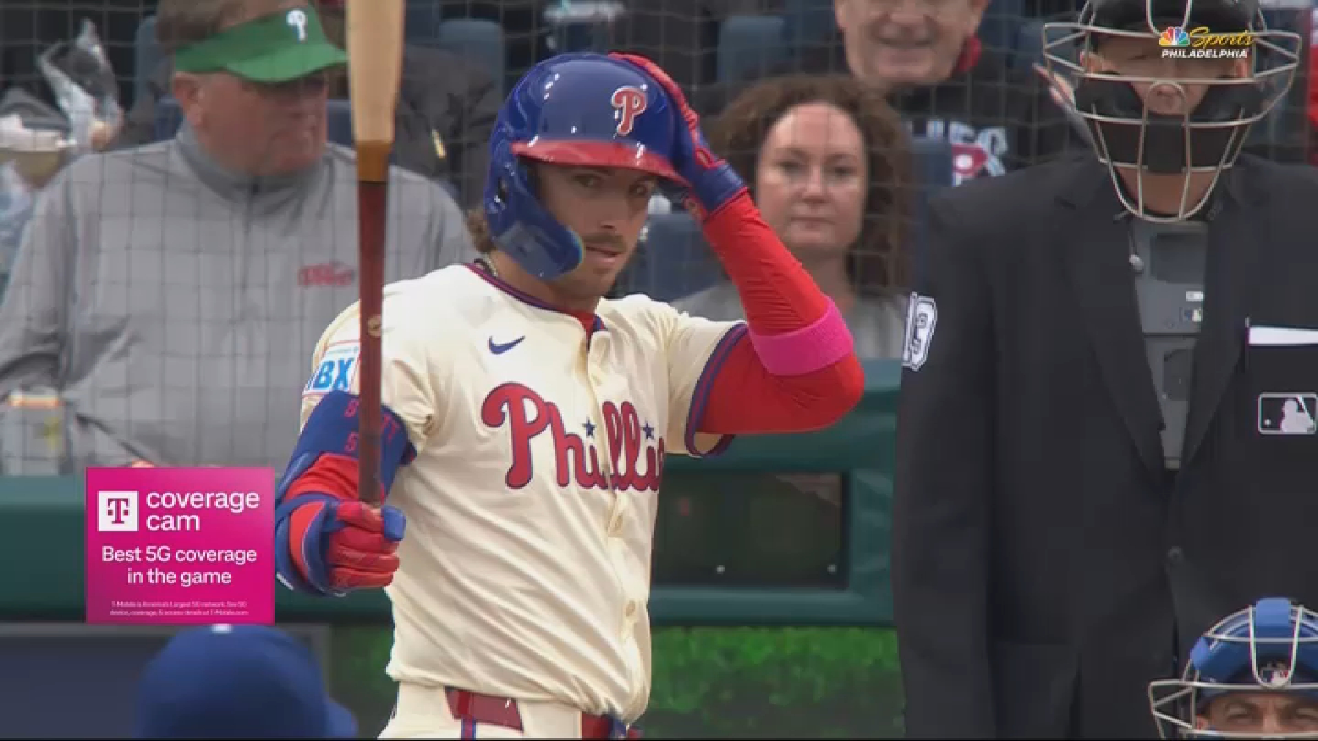 Philadelphia Phillies second baseman Bryson Stott added a pink arm band to his uniform on Saturday for a gender reveal for a friend's baby.