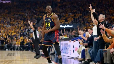 SAN FRANCISCO, CALIFORNIA – APRIL 28: Draymond Green #23 of the Golden State Warriors celebrates a three point basket against the Houston Rockets during the first quarter in Game Four of the Western Conference First Round NBA Playoffs at Chase Center on April 28, 2025 in San Francisco, California. NOTE TO USER: User expressly acknowledges and agrees that, by downloading and or using this photograph, User is consenting to the terms and conditions of the Getty Images License Agreement. (Photo by Ezra Shaw/Getty Images)