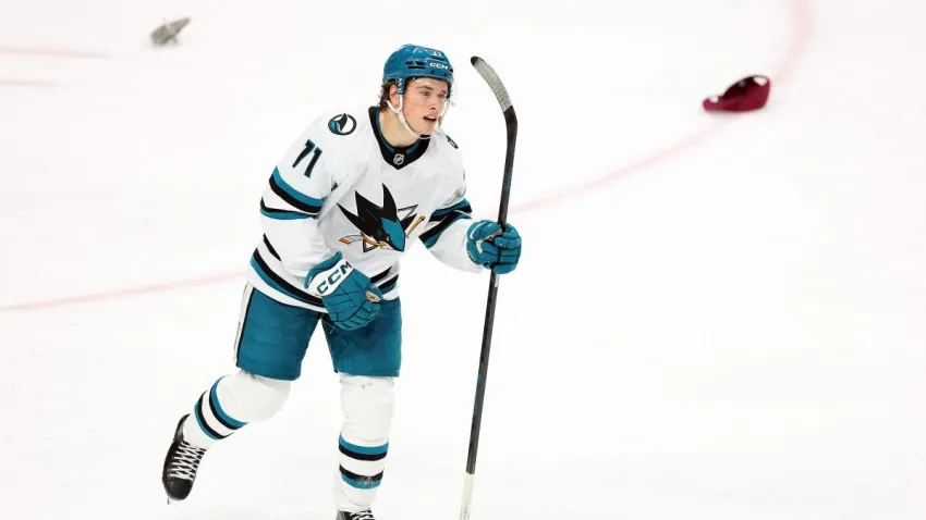 ST PAUL, MINNESOTA – APRIL 09: Macklin Celebrini #71 of the San Jose Sharks reacts to his hat-trick goal against the Minnesota Wild in the third period at Xcel Energy Center on April 09, 2025 in St Paul, Minnesota. The Wild defeated the Sharks 8-7 in overtime. (Photo by David Berding/Getty Images)