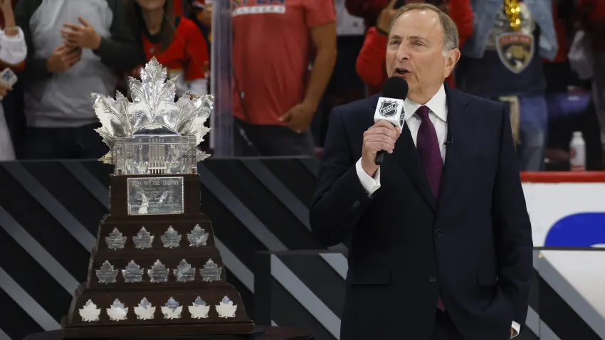 Gary Bettman presents the Conn Smythe Trophy after the 2024 Stanley Cup Final.