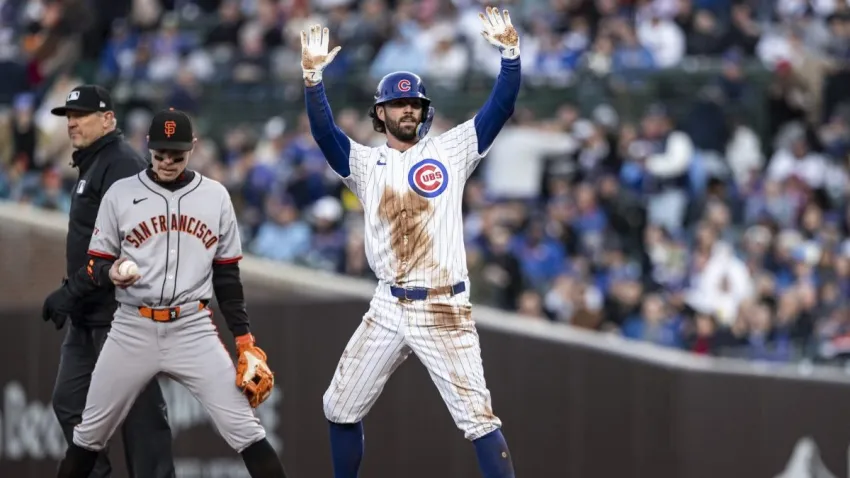 CHICAGO, ILLINOIS – MAY 05: Dansby Swanson #7 of the Chicago Cubs reacts after hitting a double in the third inning against the San Francisco Giants at Wrigley Field on May 05, 2025 in Chicago, Illinois. (Photo by Griffin Quinn/Getty Images)