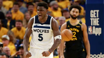 SAN FRANCISCO, CALIFORNIA – MAY 12: Anthony Edwards #5 of the Minnesota Timberwolves reacts against the Golden State Warriors during the third quarter in Game Four of the Western Conference Second Round NBA Playoffs at Chase Center on May 12, 2025 in San Francisco, California. NOTE TO USER: User expressly acknowledges and agrees that, by downloading and or using this photograph, User is consenting to the terms and conditions of the Getty Images License Agreement. (Photo by Ezra Shaw/Getty Images)