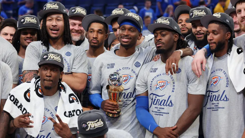 Thunder players celebrate winning the Western Conference Finals
