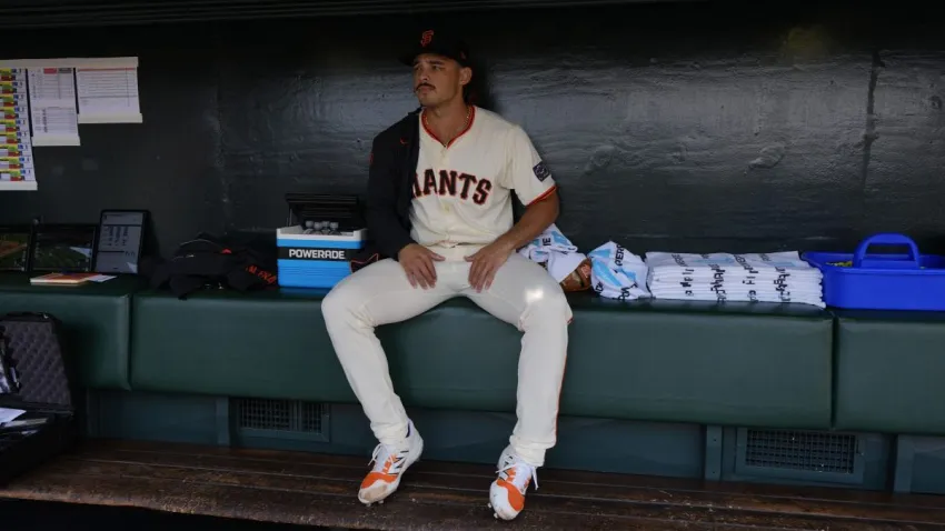 SAN FRANCISCO, CALIFORNIA – MAY 3: Jordan Hicks #12 of the San Francisco Giants watches from the dugout at Oracle Park on May 3, 2025 in San Francisco, California. (Photo by Tony Avelar/San Francisco Giants/Getty Images)