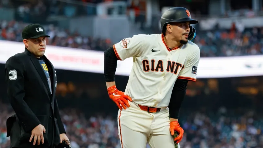 May 19, 2025; San Francisco, California, USA;  San Francisco Giants shortstop Willy Adames (2) reacts after hitting a fly out during the fifth inning against the Kansas City Royals at Oracle Park. Mandatory Credit: Sergio Estrada-Imagn Images