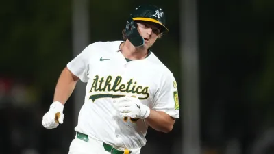 May 21, 2025; West Sacramento, California, USA; Athletics first baseman Nick Kurtz (16) rounds third bases after hitting a home run against the Los Angeles Angels in the seventh inning at Sutter Health Park. Mandatory Credit: Cary Edmondson-Imagn Images