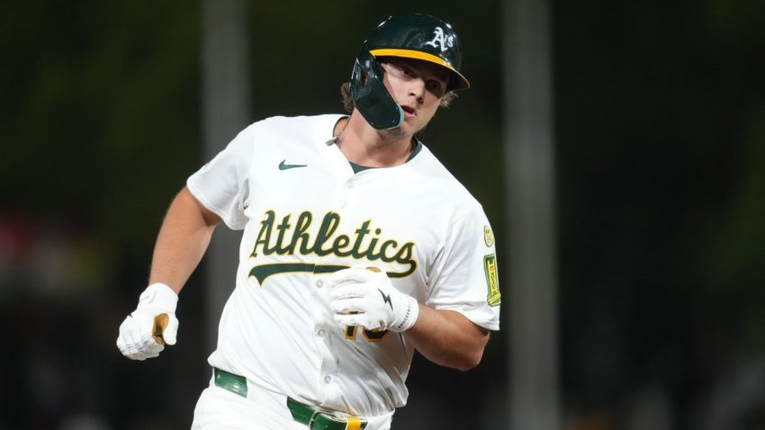 May 21, 2025; West Sacramento, California, USA; Athletics first baseman Nick Kurtz (16) rounds third bases after hitting a home run against the Los Angeles Angels in the seventh inning at Sutter Health Park. Mandatory Credit: Cary Edmondson-Imagn Images