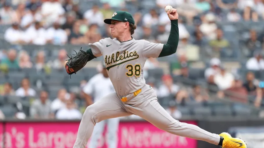 Jun 28, 2025; Bronx, New York, USA; Athletics pitcher JP Sears (38) delivers a pitch during the first inning against the New York Yankees at Yankee Stadium. Mandatory Credit: Vincent Carchietta-Imagn Images
