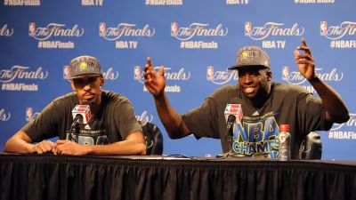 Jun 16, 2015; Cleveland, OH, USA; Golden State Warriors forward Draymond Green (23) and guard Shaun Livingston (34) talk to the media after beating the Cleveland Cavaliers in game six of the NBA Finals at Quicken Loans Arena. Mandatory Credit: Ken Blaze-USA TODAY Sports