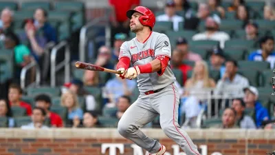 ATLANTA, GA  MAY 06:  Cincinnati infielder Austin Wynns (38) hits the ball deep during the MLB game between the Cincinnati Reds and the Atlanta Braves on May 6th, 2025 at Truist Park in Atlanta, GA. (Photo by Rich von Biberstein/Icon Sportswire via Getty Images)