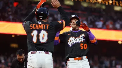 SAN FRANCISCO, CALIFORNIA – JUNE 24: Christian Koss #50 of the San Francisco Giants celebrates with Casey Schmitt #10 after hitting a two-run home run in the bottom of the fifth inning against the Miami Marlins at Oracle Park on June 24, 2025 in San Francisco, California. (Photo by Lachlan Cunningham/Getty Images)
