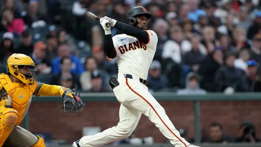SAN FRANCISCO, CALIFORNIA – JUNE 04: Daniel Johnson #56 of the San Francisco Giants hits a single against the San Diego Padres in the bottom of the fifth inning at Oracle Park on June 04, 2025 in San Francisco, California. (Photo by Thearon W. Henderson/Getty Images)