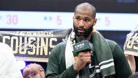 TAOYUAN, TAIWAN – JANUARY 28: Center DeMarcus Cousins #15 of Taiwan Beer Leopards talks to fans after winning the T1 League game between Tainan TSG Ghost Hawks and Taiwan Beer Leopards at Taoyuan City Stadium on January 28, 2024 in Taoyuan, Taiwan. (Photo by Gene Wang/Getty Images)