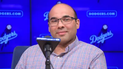 Nov 7, 2017; Los Angeles, CA, USA; Los Angeles Dodger  general manager Farhan Zaidi address the media at a press conference at Dodger Stadium. Mandatory Credit: Kirby Lee-USA TODAY Sports