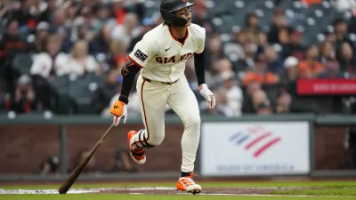 SAN FRANCISCO, CALIFORNIA – JUNE 4: Jung Hoo Lee #51 of the San Francisco Giants doubles at Oracle Park on June 4, 2025 in San Francisco, California. (Photo by Suzanna Mitchell/San Francisco Giants/Getty Images)