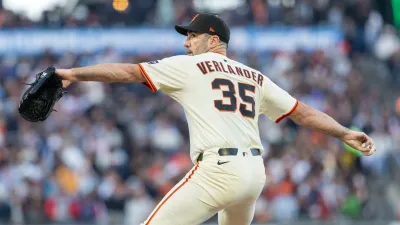 Jun 18, 2025; San Francisco, California, USA; San Francisco Giants pitcher Justin Verlander (35) throws a pitch during the fourth inning against the Cleveland Guardians at Oracle Park. Mandatory Credit: Bob Kupbens-Imagn Images