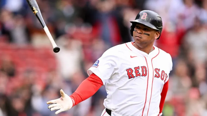 BOSTON, MASSACHUSETTS – MAY 23: Rafael Devers #11 of the Boston Red Sox reacts after hitting a three-run home run against the Baltimore Orioles during the sixth inning at Fenway Park on May 23, 2025 in Boston, Massachusetts. (Photo by Brian Fluharty/Getty Images)