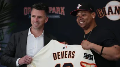 SAN FRANCISCO, CA – JUNE 17: San Francisco Giants President of Baseball Operations Buster Posey and Rafael Devers #16 pose for a photo during a press conference prior to the game between the Cleveland Guardians and the San Francisco Giants at Oracle Park on Tuesday, June 17, 2025 in San Francisco, California. (Photo by Bryan Kennedy/MLB Photos via Getty Images)