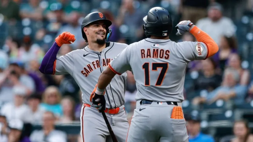 Jun 10, 2025; Denver, Colorado, USA; San Francisco Giants shortstop Willy Adames (2) celebrates his solo home run with left fielder Heliot Ramos (17) in the fifth inning against the Colorado Rockies at Coors Field. Mandatory Credit: Isaiah J. Downing-Imagn Images