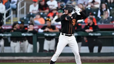 SCOTTSDALE, ARIZONA – MARCH 15, 2025: James Tibbs III #10 of the San Francisco Giants bats during the fourth inning of a spring training Spring Breakout game against the Texas Rangers at Scottsdale Stadium on March 15, 2025 in Scottsdale, Arizona. (Photo by Chris Bernacchi/Diamond Images via Getty Images)