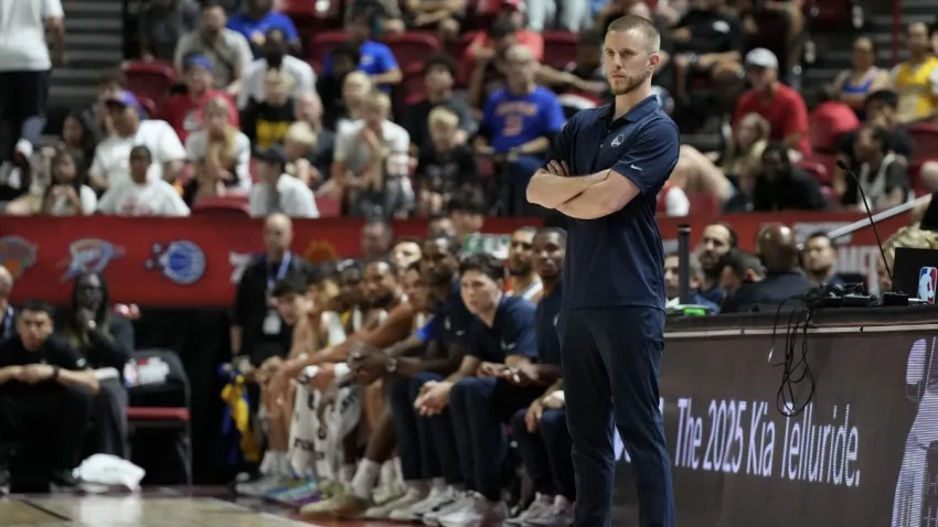 LAS VEGAS, NEVADA – JULY 11: Golden State Warriors head coach Lainn Wilson looks on against the Portland Trail Blazers in the first half of a 2025 NBA Summer League game at the Thomas & Mack Center on July 11, 2025 in Las Vegas, Nevada. The Trail Blazers defeated the Warriors 106-73. NOTE TO USER: User expressly acknowledges and agrees that, by downloading and or using this photograph, User is consenting to the terms and conditions of the Getty Images License Agreement. (Photo by Candice Ward/Getty Images)