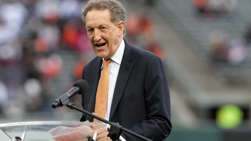 Sep 17, 2022; San Francisco, California, USA; San Francisco Giants president and chief executive officer Larry Baer during an on-field ceremony before the game against the Los Angeles Dodgers at Oracle Park. Mandatory Credit: Darren Yamashita-USA TODAY Sports