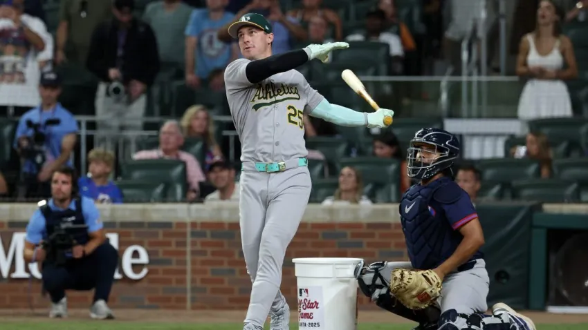 ATLANTA, GEORGIA – JULY 15: Brent Rooker #25 of the Athletics competes in a swing-off to decide the MLB All-Star Game at Truist Park on July 15, 2025 in Atlanta, Georgia. (Photo by Kevin C. Cox/Getty Images)