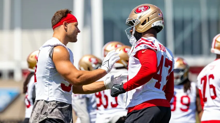 SANTA CLARA, CA – JUNE 10: San Francisco 49ers defensive lineman Nick Bosa (97) interacts with defensive lineman Bryce Huff (47) during San Francisco 49ers minicamp on June 10, 2025 at SAP Performance Facility in Santa Clara, CA. (Photo by Matthew Huang/Icon Sportswire via Getty Images)