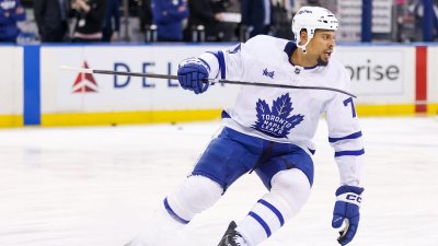 NEW YORK, NY – FEBRUARY 28: Toronto Maple Leafs right wing Ryan Reaves (75) in action prior to the National Hockey League game between the Toronto Maple Leafs and the New York Rangers on February 28, 2025 at Madison Square Garden in New York, NY. (Photo by Joshua Sarner/Icon Sportswire via Getty Images)