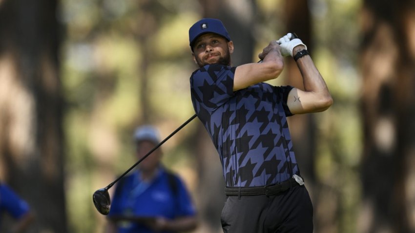 STATELINE, NEVADA – JULY 13: Stephen Curry plays his shot from the second tee box during the final round of the American Century Championship at Edgewood Tahoe Golf Course on July 13, 2025 in Stateline, Nevada. (Photo by Eakin Howard/Getty Images)