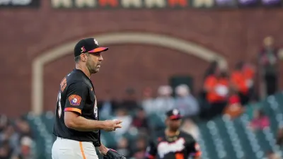Aug 16, 2025; San Francisco, California, USA; San Francisco Giants starting pitcher Justin Verlander (35) walks behind the mound after recording a strikeout against the Tampa Bay Rays during the fifth inning at Oracle Park. Mandatory Credit: Darren Yamashita-Imagn Images